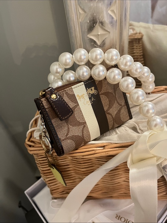Coach Handbags - Coach Mini Card Case in Brown Signature Canvas with Cream & Dark Brown Stripe